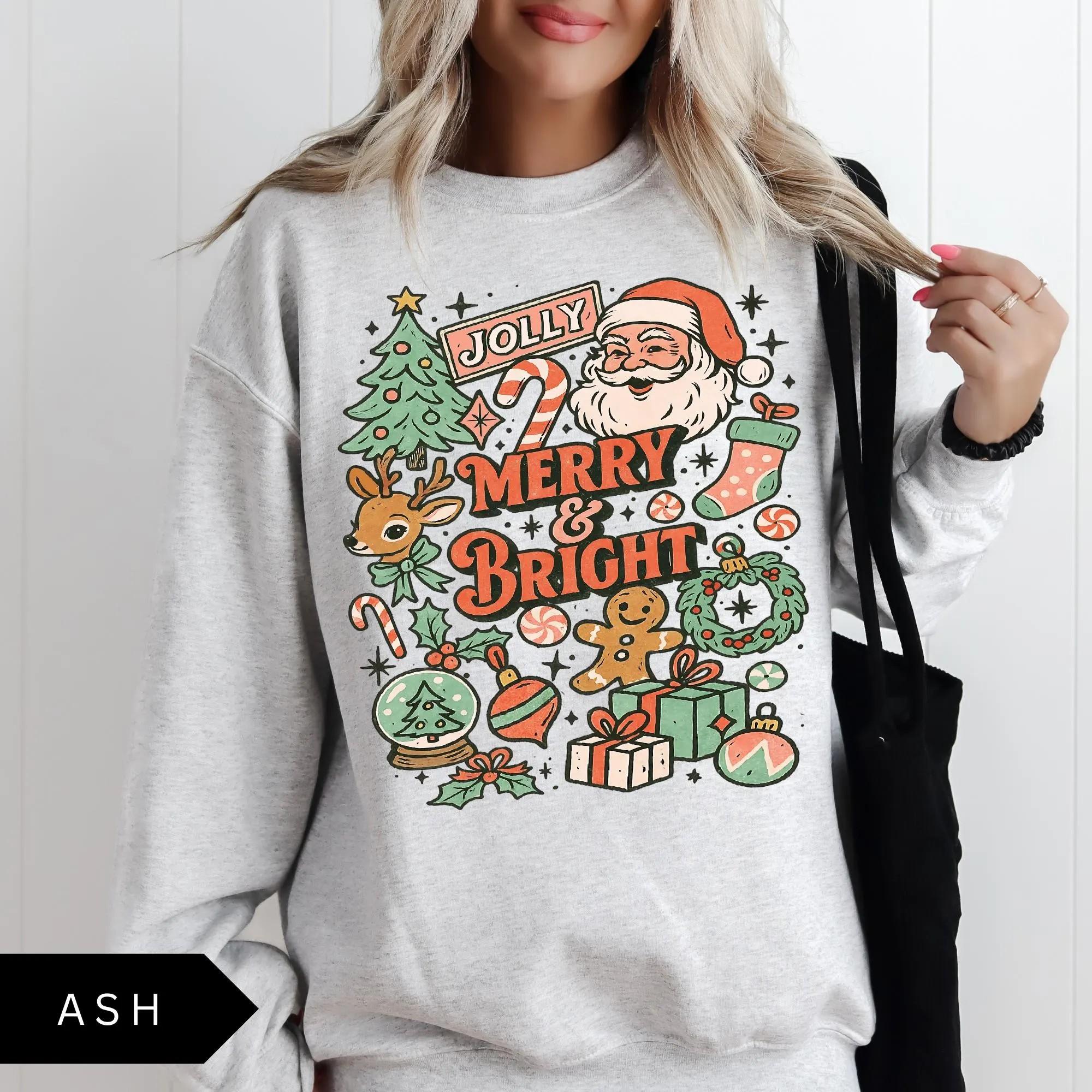 Merry And Bright Retro Christmas Sweatshirt, Vintage Christmas Aesthetic Crewneck, Cozy Holiday Season Long Sleeve Shirt, Cute Winter Graphic Top, Trendy Xmas Party Outfit, Vintage Aesthetic Holiday Apparel, Merry Christmas Gift For Women