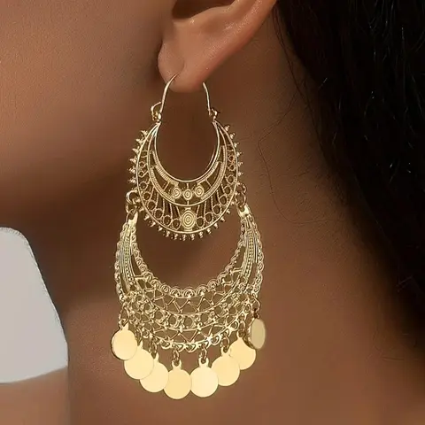 Boho Style Hollow Out Design Tassel Dangle Hoop Earrings, Fashionable Earrings, 1 Pair Fashion Jewelry for Party, Daily Clothing Decor, Trendy All-match & Exquisite Jewelry for Birthday Gift