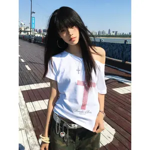 Gothic Print Graphic Tops Loose Off Shoulder Short Sleeve Tshirt Y2k Vintage Crop Tops American Retro 90s Grunge Tees