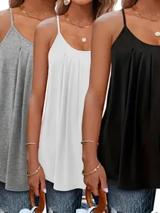 Elegant Plus Size Tank Tops and Camisoles Set, Womenswear, Fit, Elegance, Medium Stretch, Round Neck, Plain Backless Design, Spring Summer Wear