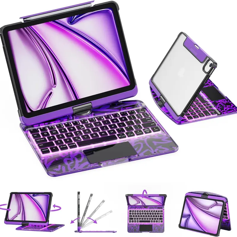 NAIDUN Latest 360 Swivel Keyboard with Y2K Style Transparent Case for iPad Tablet Accessories Backlit Keys Silicone Material Purple Digital Products Wireless Keyboard