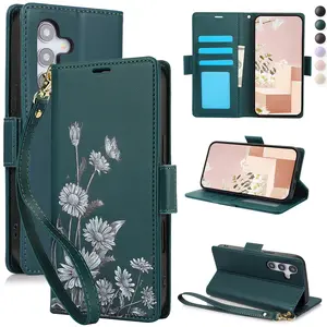 Flower Flip Phone Case Suitable For Samsung Suitable For Galaxy S25 Edge S24 S23 FE S22 Plus Ultra, PU Faux Leather Wallet Phone Bag With Wrist Strap Card Slots RFID Blocking Stand Cover