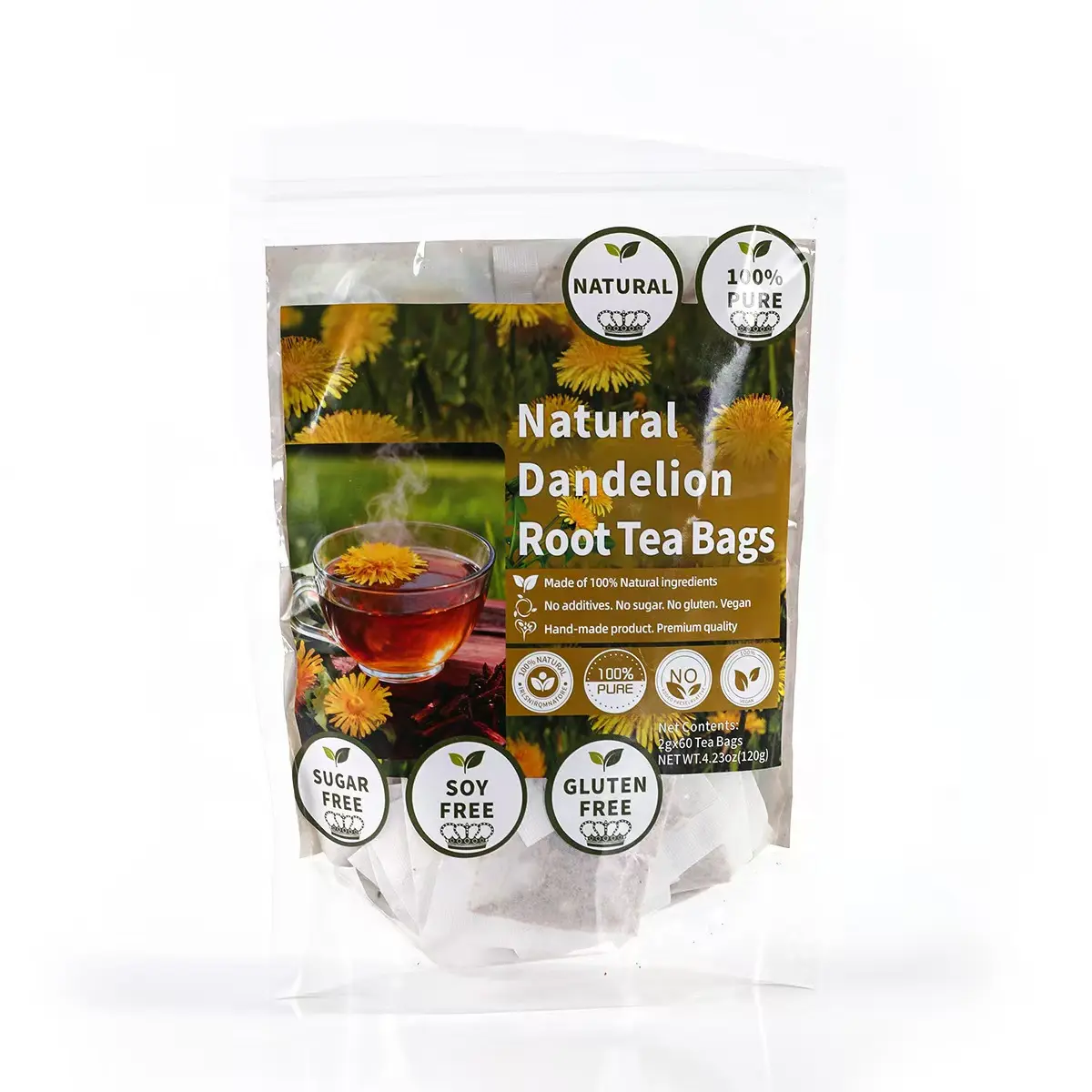Roasted Dandelion Root Tea Beverage, 60 Bags (4.23 oz) Non-Caffeinated Herbal Tea - Natural, Nourishing, Wellness, Immunity Support - Liver & Kidney Health Aid, Digestive Support, Natural Tea