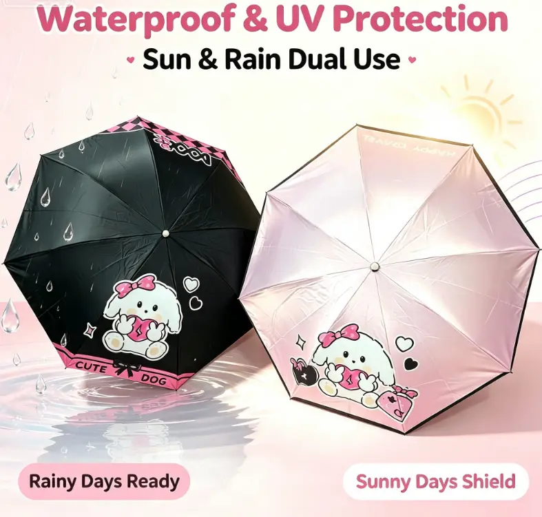 Cute Cartoon Rabbit 3-Fold Umbrella, Kawaii UV Protection Sun Rain Dual Use Portable Folding Parasol Lightweight Smooth Water Proof Smooth Water Proof