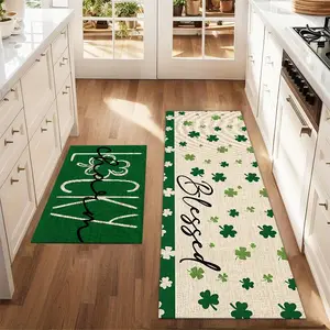 2Pcs Green Clover Lucky Saint Patrick's Day Floor mat set including farmhouse kitchen Rug dining room flooring laundry room decorative carpet mat Durable Decorative Mat