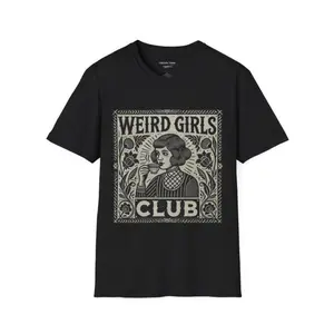 Weird Girls Club Shirt • Whimsy Goth Graphic Tee • Retro Alt Girl T-Shirt • Weirdcore Witch Aesthetic Clothing，Black-Hoodie-front Black-Sweatshirt-front，More Color Options (Coffee, Red, Green, Blue, Purple) Casual Round Neck