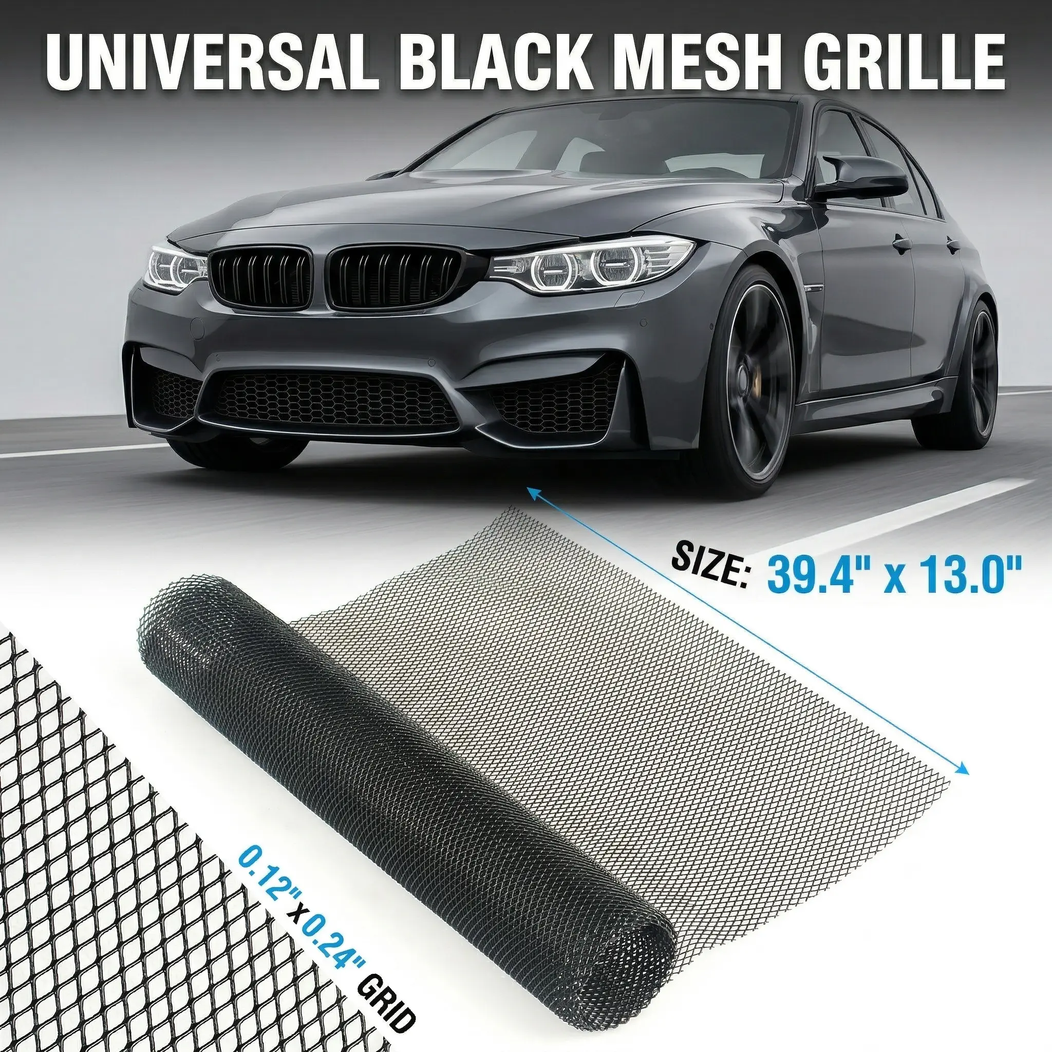 Black Aluminum Alloy Metal Universal Car Grill Mesh (40"x13"/100x33cm) - 3x6mm Rhombus Grid Debris Blocker, Easy Installation Zip Tie Setup, Universal Fit for Cars/Trucks, Engine Protection Front Bumper Hood Vent Insert Guard, Flying Stone Blocker