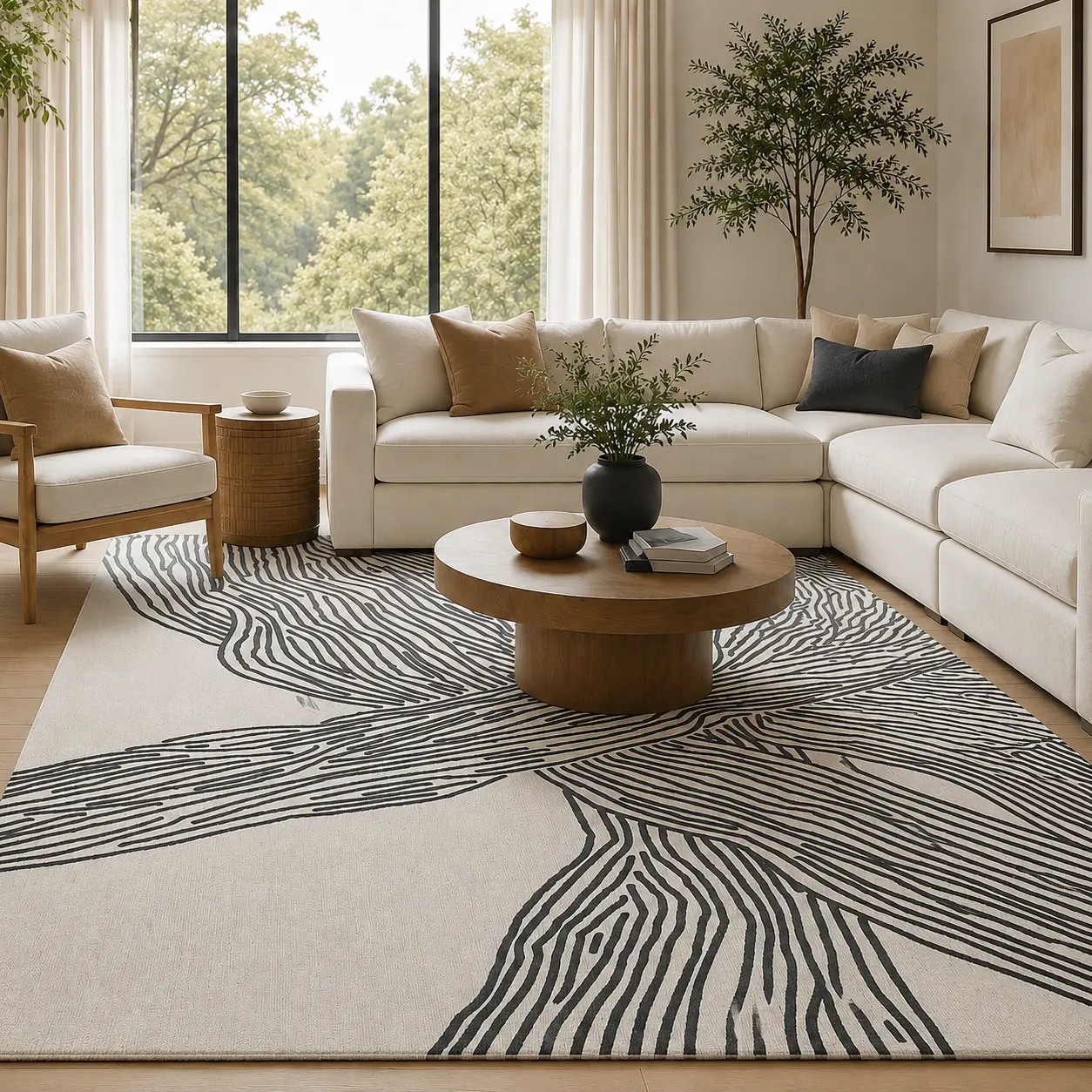 YIHOUSE Neutral Contemporary Machine Washable Indoor Area Rug - Hand-Drawn Wavy Linear Abstract, Waterproof, Stain-Resistant, Ultra-Soft Skin-Friendly, Kid & Pet Safe for Living Room, Bedroom Home Decor Rugs, Machine Washable Rug