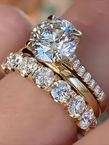 3pcs/set Unique Oval Cut Cubic Zirconia Wedding Bridal Set Engagement Ring Gift for Her Promise Ring Wedding Set Eternity and Plain Band Set Ring for Gift Cubic Zirconia Rings