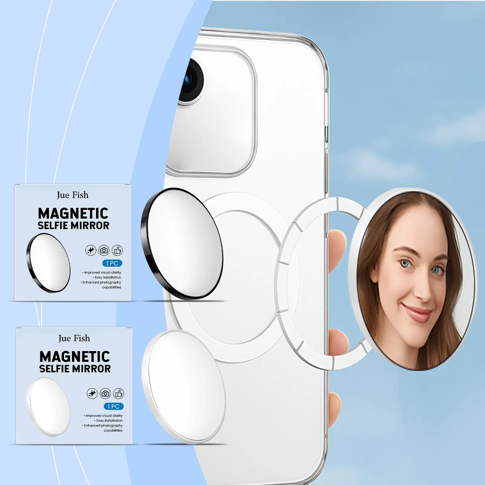 Black magnetic selfie mirror, convenient for outdoor travel, helps with phone photography and videography with a reflective convex mirror