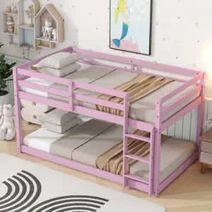 Kids Bunk Bed Frame Twin Over Twin, Floor Bunk Bed with Ladder, Safety Guard Rails, Heavy Duty Wooden Twin Bunk Beds Frame Low Bunkbeds No Box Spring Required, Pink