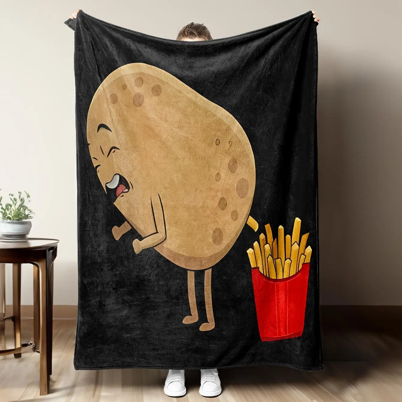 1pc Cartoon Pattern Flannel Throw Blanket - Food Themed, Soft, Warm, Tear-Resistant, 280GSM - Smiling Potato & Fries Illustration - Ideal for Sofa, Bed - Perfect Gift for Potato Lovers, Cartoon Pattern Blanket, Flannel Throw Blankets