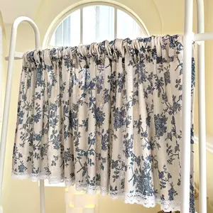 Blue Rose Short Curtain Set, Vintage Print Door Drapes, Cotton Lace Trim, Home Decoration Curtain, Ideal for Country Windows, Kitchen, Cafe Decor