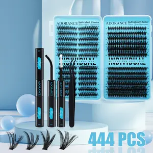 ADORANCE 444PCS Lash Clusters 4 Style Wispy Lashes, Cat 50D+60DH+80DV+100D Beginner Friendly Eyelash Clusters Kit with Lash Bond, Seal & Tweezers, Natural Look Cluster Lashes for Everyday Makeup, Travel & Special Occasions