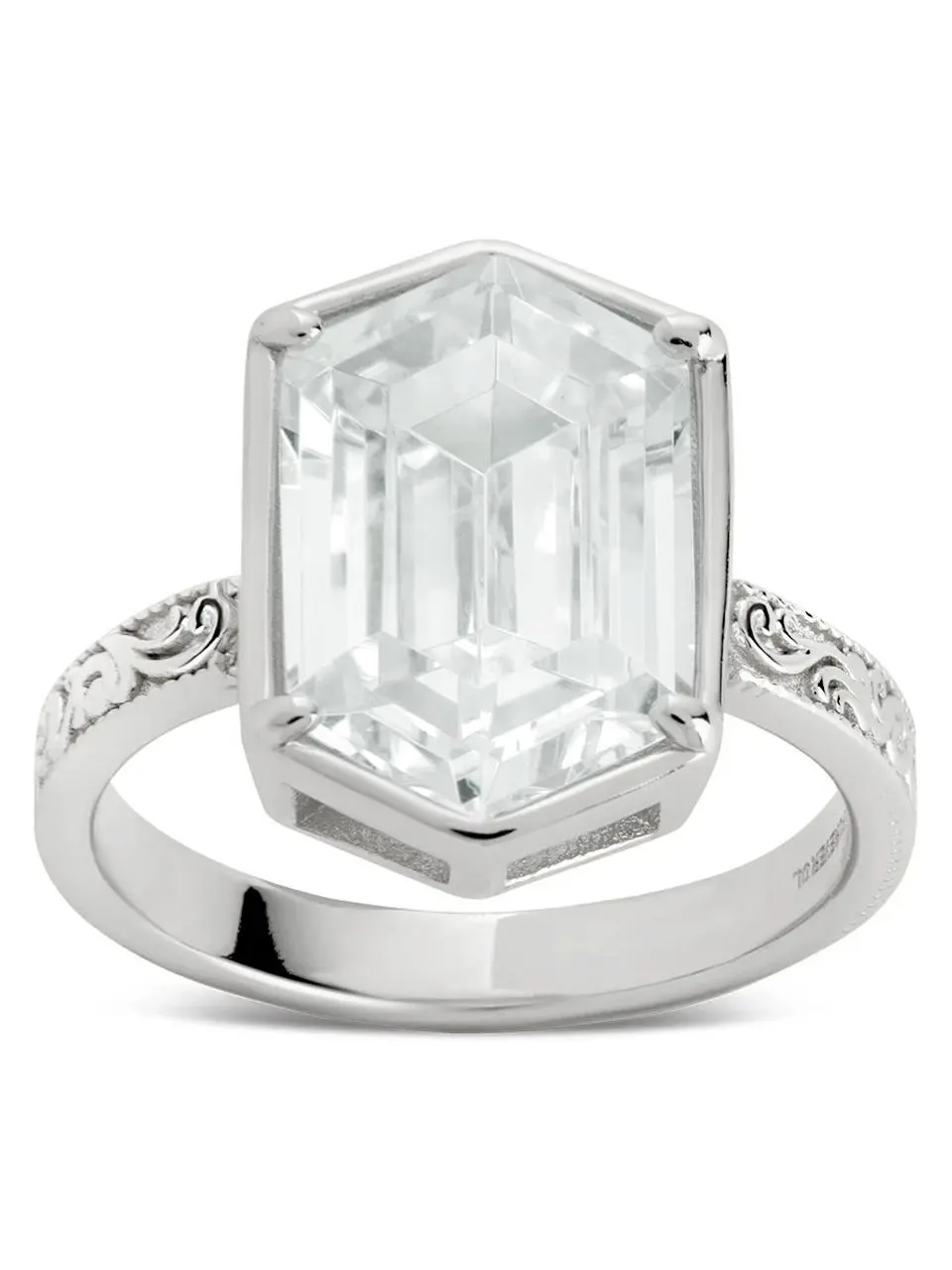 Sterling Silver Geometric Hexagon Ring, Vintage-Inspired Unique Fashion Jewelry with Detailed Band and Large CZ Stone for Everyday Wear, Everyday Ring, Fashion Ring