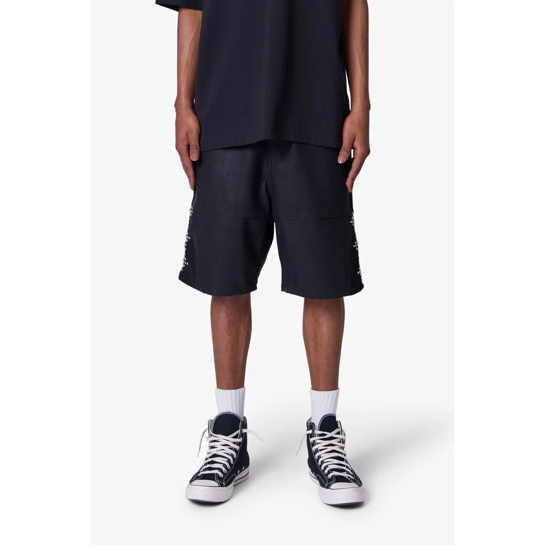 mnml Ultra Baggy Leather Studded Shorts - Black