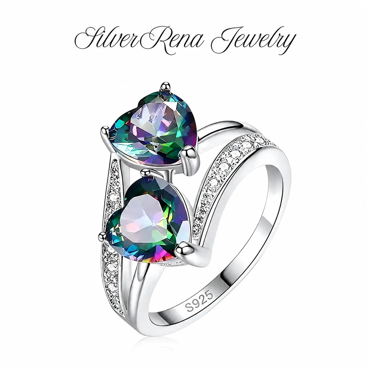 925 Sterling Silver Dual Heart Colorful CZ Statement Ring, Sparkling Rainbow Mystic Gemstone with Side Accent Stones, Fine Silver Jewelry for Engagement & Anniversary