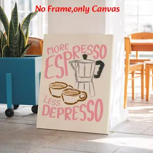 Coffee Humor Wall Art, More Espresso Less Depresso Canvas Print, Funny Quote Poster, Pink & Beige Cafe Canvas Decoration, Kitchen & Dining Room Aesthetic, Perfect Housewarming Gift, Unframed.