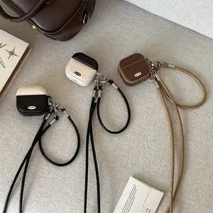 Niche retro contrasting diagonal cross leather pattern | Long and short lanyard | Magnetic drum bag Earphone Protective Cover | Best friend gift | Headphones Storage Bag | Suitable for AirPods 1 2 3 4 Pro Pro2 Pro3