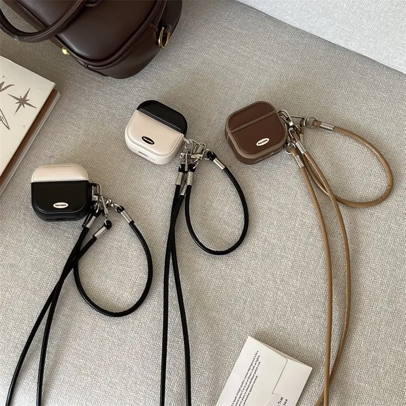 Niche retro contrasting diagonal cross leather pattern | Long and short lanyard | Magnetic drum bag Earphone Protective Cover | Best friend gift | Headphones Storage Bag | Suitable for AirPods 1 2 3 4 Pro Pro2 Pro3