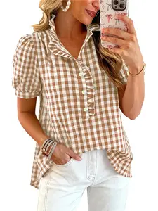 Women's Loose Gingham Blouse, Casual Floral Print Peter Pan Collar Bubble Sleeves, Button Half Open Design, Comfortable Cotton Top
