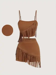 Women's fringe halter top and shorts set, two-piece, fitted, with fringe details in a vintage retro western style outfit. The fringe halter top and shorts two-piece set is perfect for music festivals, date nights, clubs, performances, parties, and galas
