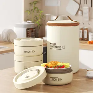4 Pcs Insulated Bento Box Portable Stainless Steel Food Container Round Microwave Safe Stackable Leakproof Thermal Lunch Box with Insulated Bag Beige for Adults Men Women Work School Picnic Travel Meal Prep Food Storage