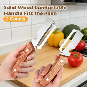 2PCS 2-in-1 Vegetable & Fruit Peeler with Stainless Steel Blade and Bottle Opener, Wooden Handle Kitchen Tool for Potatoes, Apples, Zucchini, Papaya & Pumpkin