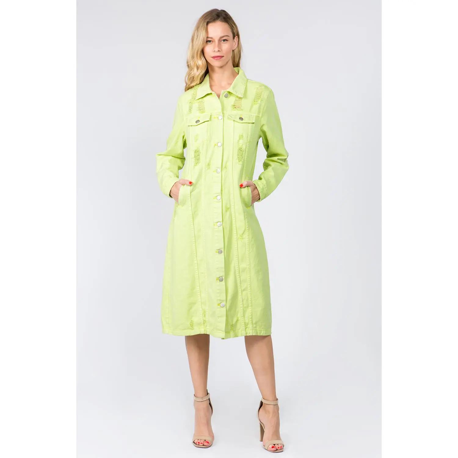 Long Sleeve Lime Green Distressed Denim Dress - Vibrant Button-Up Jean Dress with Authentic 100% Cotton Fabrication