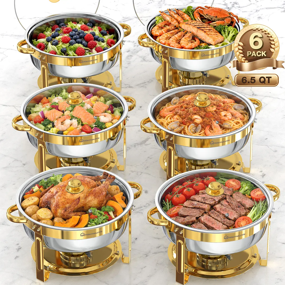 WARMOUNTS 6.5QT Gold Round Bakeware Chafing Dishes - Mirror Polish Stainless Steel, Rolled Rim, Stackable Storage, Glass Lid, Lid Holder, Durable, Dishwasher Safe, Round Shape, Multiple Packs (2/4/6) for Celebrations, Family Dinners