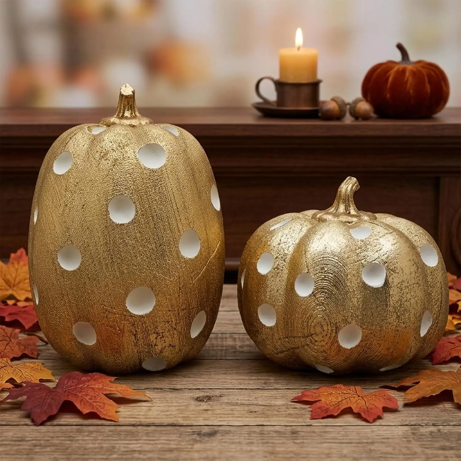 Gold Pumpkin Set, Fall Table Decor Artificial Pumpkins | White Speckled Dot Finish, Hand-Cast Resin Build, Mantel Shelf Accent, Thanksgiving Hostess Gift, Tall 6.1, Short 4.1 Inch