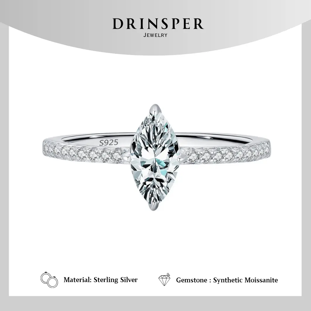 Drinsper Simple Marquise Ring - S925 0.5ct DVVS Colour Synthetic Moissanite Sterling Silver Engagement Ring for Women Girls Elegant Classic Style Suitable for Daily Wearing Birthday Anniversary Jewelry Gift for Her
