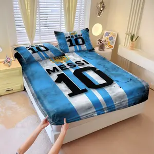 3Pcs Retro Football Fan Style Fitted Sheet Set, Bed Sheet Sets, Blue and White Striped Football Jersey Printed Bedding Set, Made of Ultra-Fine Fiber Fabric, Creating A Bedroom with A Passionate Adventure Atmosphere, Includes Two Pillowcases
