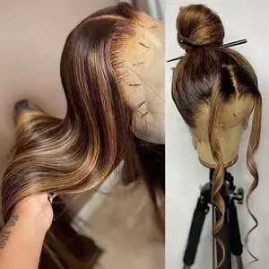 28Inch 360 HD Lace Front Wig Human Hair Ombre Honey Blonde Color 4/27 Highlight Lace Frontal Full Wigs Human Hair Available in 20-34Inch High Density