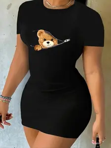 Women's Cartoon Bear Print Round Neck Bodycon Dress, Cute Casual Short Sleeve Dress for Daily Outdoor Wear, Ladies Clothes for All Seasons