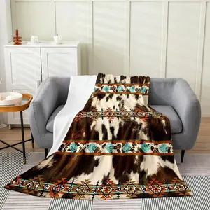 Cowhide Fleece Blanket Brown Highland Cow Blanket Western Farmhouse Wild Animals Longhorn Skin Throw Blanket Exotic Aztec Living Room Decor Flannel Blanket