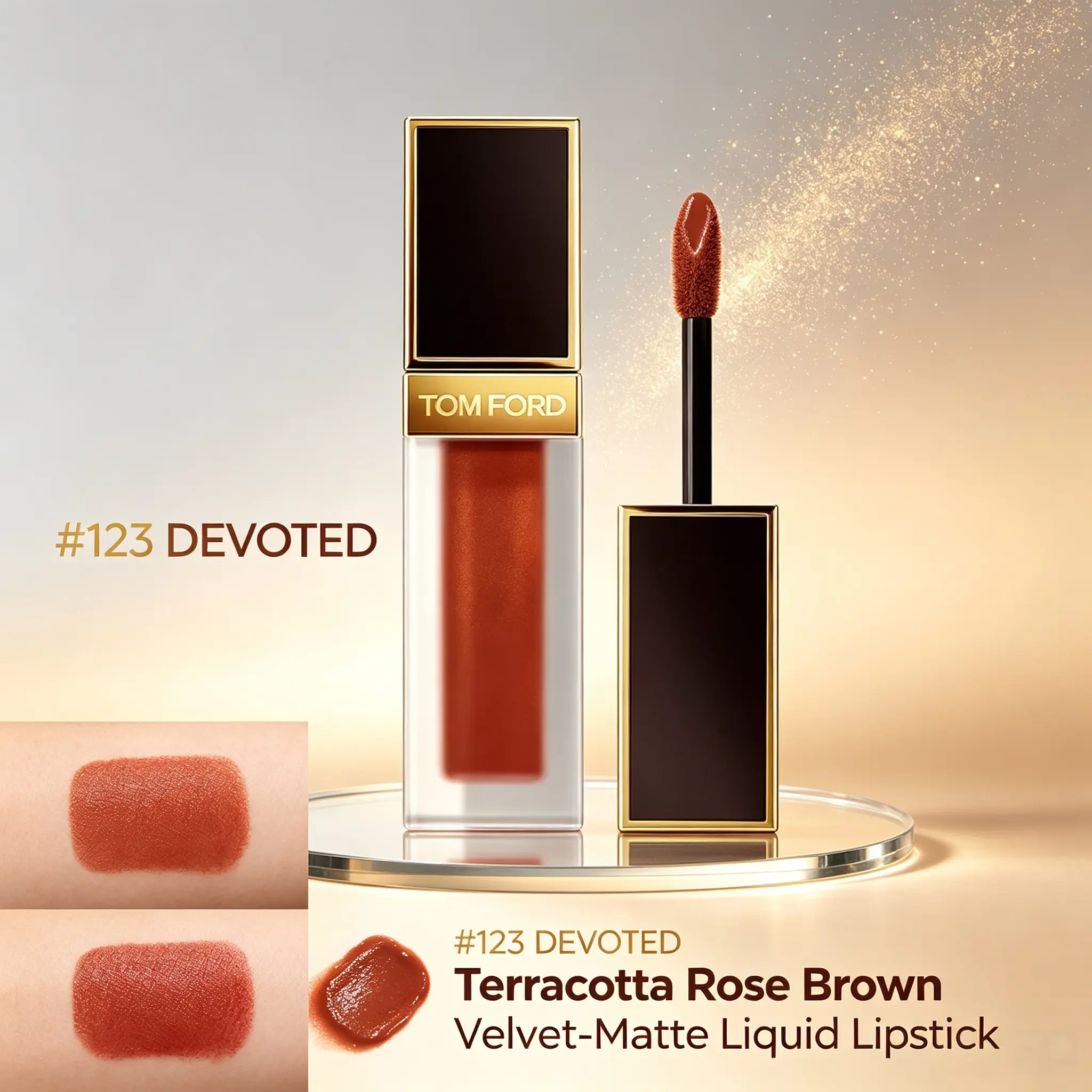TOM FORD Liquid Lip Luxe Matte #123 Devoted Velvet‑Matte Liquid Lipstick, Vintage Terracotta Rose‑Brown Luxury Lip Lacquer Full‑Size 6ml