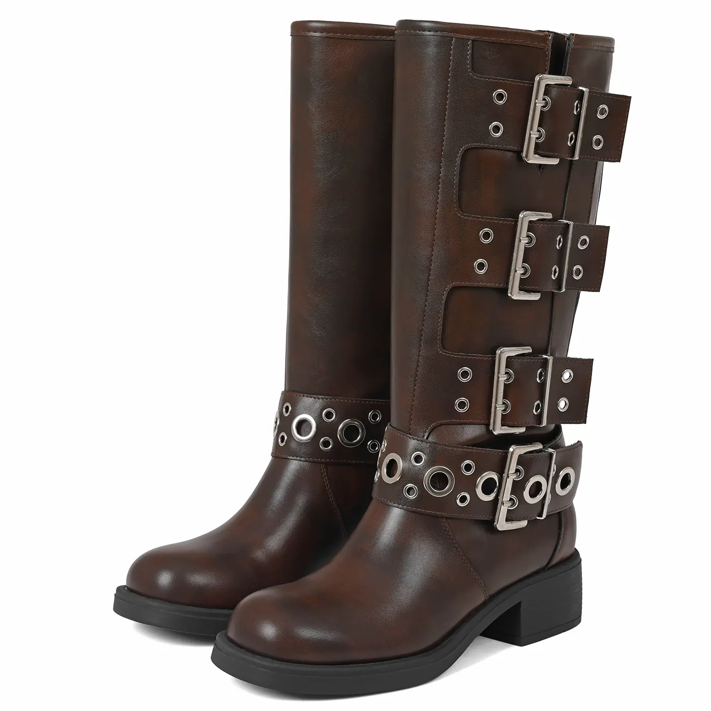 Women's Wide Calf Riding Boots Slip On Motorcycle Boots Square Toe Chunky Heel Fashion Buckles Biker Boots Harness Boots fall shoe shopping