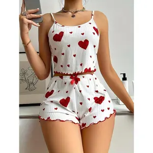 Charming heart print polyester pajama set with bow detail-knit fabric sleepwear for adults, 95% polyester 5% elastane, Comfort Fit lounge set loungewear womenswear Cowrie Savage x fenty