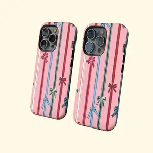 Coquette Bow Phone Case – Pink Striped Girly Ribbon Design, Cute Fall Aesthetic Gift | Tough Case MagSafe Case for Model X 11 12 13 14 15 16 17 Pro Max S21 S22 S23 S24 S25 Ultra