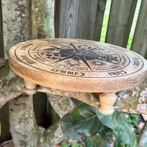 Wood Altar Table 12" round Wheel of the Year With Pentagram