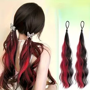 2 long wavy synthetic wigs, braided ponytail hairband with elastic band, available in curly and straight styles, elastic hair tie, suitable for women, applicable to various hairstyles