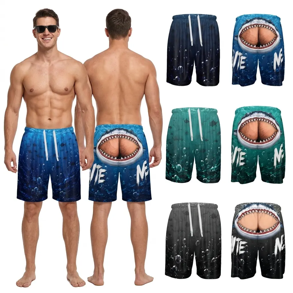 BITE ME Shark Beach Shorts, Funny Men Gift, Mens Swim Trunks Hairy Butt | Funny Men Swim Trunks - Birthday Gifts For Husband, Son, Grandson, Brother, Grandpa, Dad - Cheeky Shark Attack