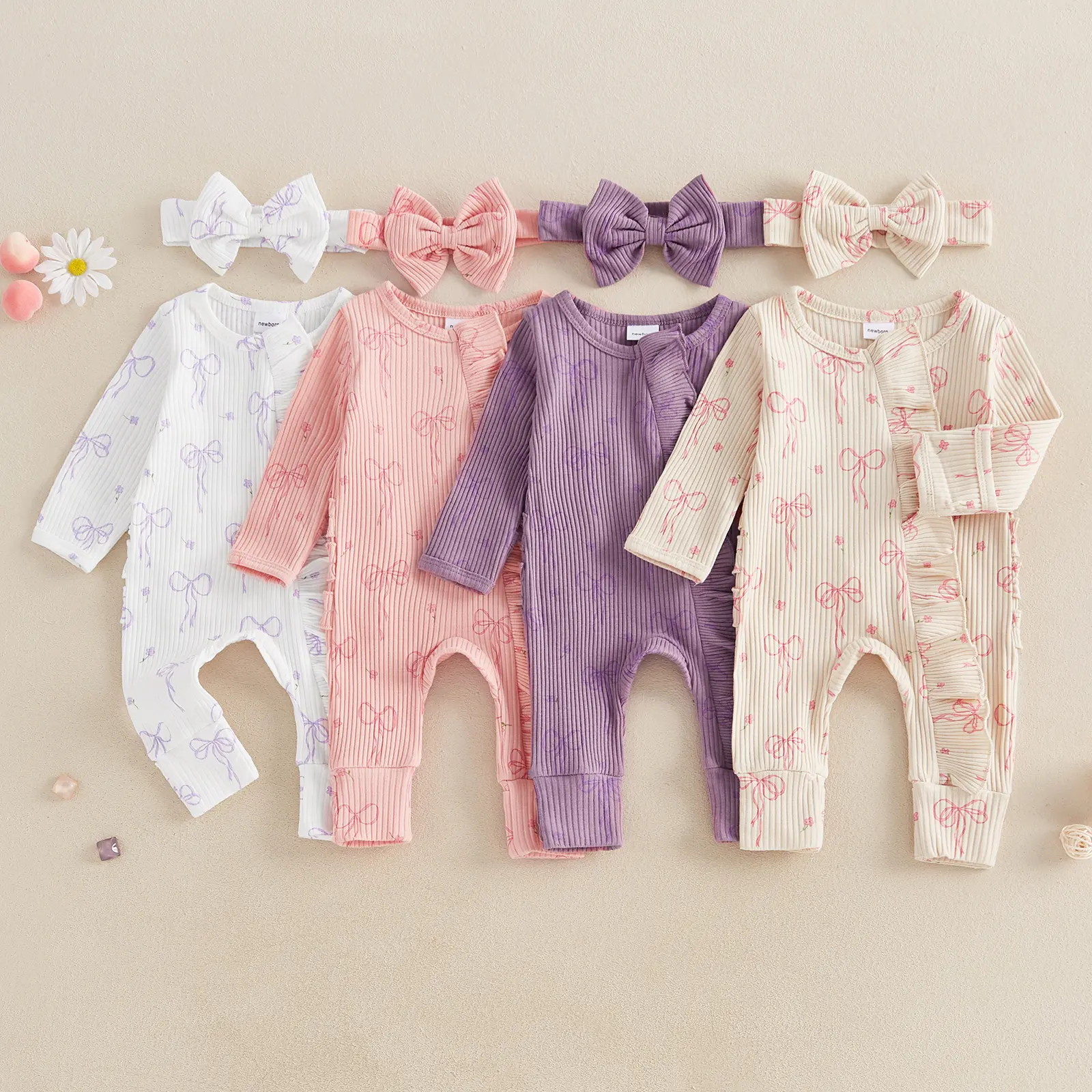 Newborn Girl Fall Outfit Bow Print Long Sleeve Full Length Zipper Front Ribbed Jumpsuit Bow Headband 2Pcs Set