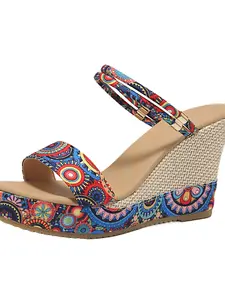 Women's Bohemian Print Straw Wedge Sandals, One-Strap Outdoor Mules, Comfortable Casual Footwear, Perfect for Summer
