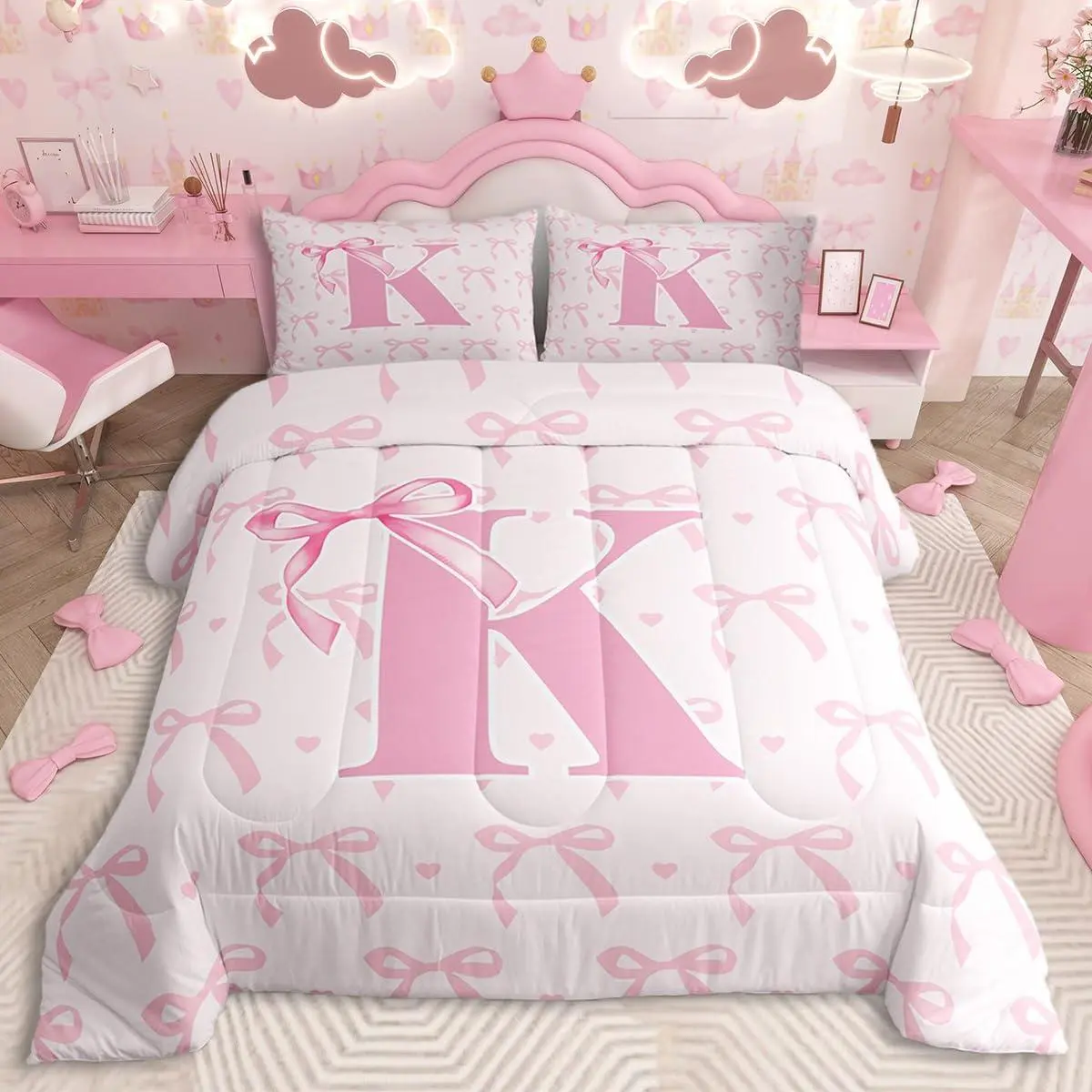 Cute Pink Bow Kids Bedding Set ,Boys Girls Personalized Letter K Comforter Set,Cute Coquette Bow Knot Ultra Soft Duvet Quilt,Initial Letter K Comforter Monogrammed Bedroom Decor