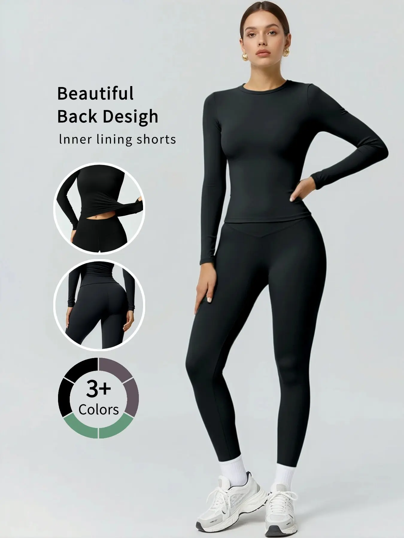 Female 2-Piece Brushed Nylon Spandex Athletic Set - Long Sleeve Crew Neck Shirt, Slim-Fit High-Waist Tummy Control Full-Length Leggings, High Elasticity Regular Size All-Seasons Workout Gym Outfit