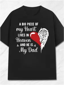Men's Memorial T-Shirt for Dad in Heaven - Angel Wing & Heart Print with A Big Piece of My Heart Lives in Heaven He is My Dad Quote - Black with White Lettering & Red Heart - Breathable Summer.jpgSame style for men and women  summer short-sleeved