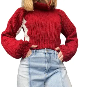 Handmade Crochet Ribbed Turtleneck Sweater in bright red with white race stripe for Women XS/S - streetwear Style - Womenswear