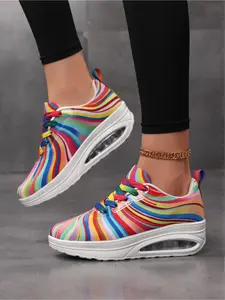 Women's Rainbow Stripe Air Cushion Platform Swing Sneakers, Breathable Shock-Absorbing Sporty Running Shoes, Sports Shoes